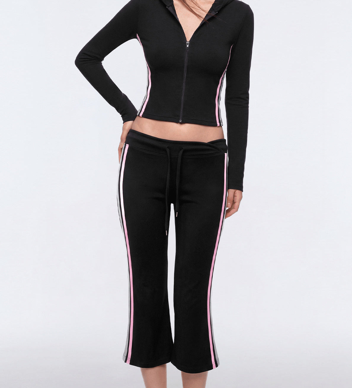 Two Piece Activewear Set Stripe Zip Up Hooded Crop Top with Capri Flare Pants