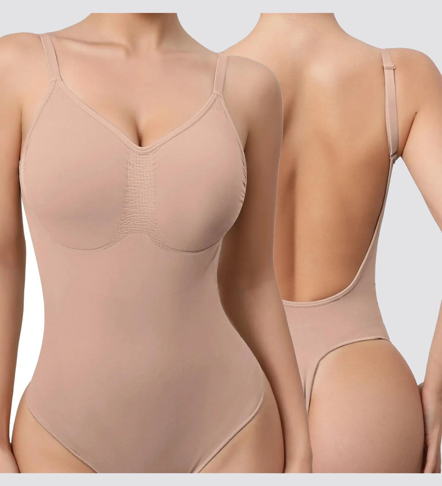 Seamless Deep Open Back  Adjustable Strap Tummy Control Thong Shapewear Bodysuit