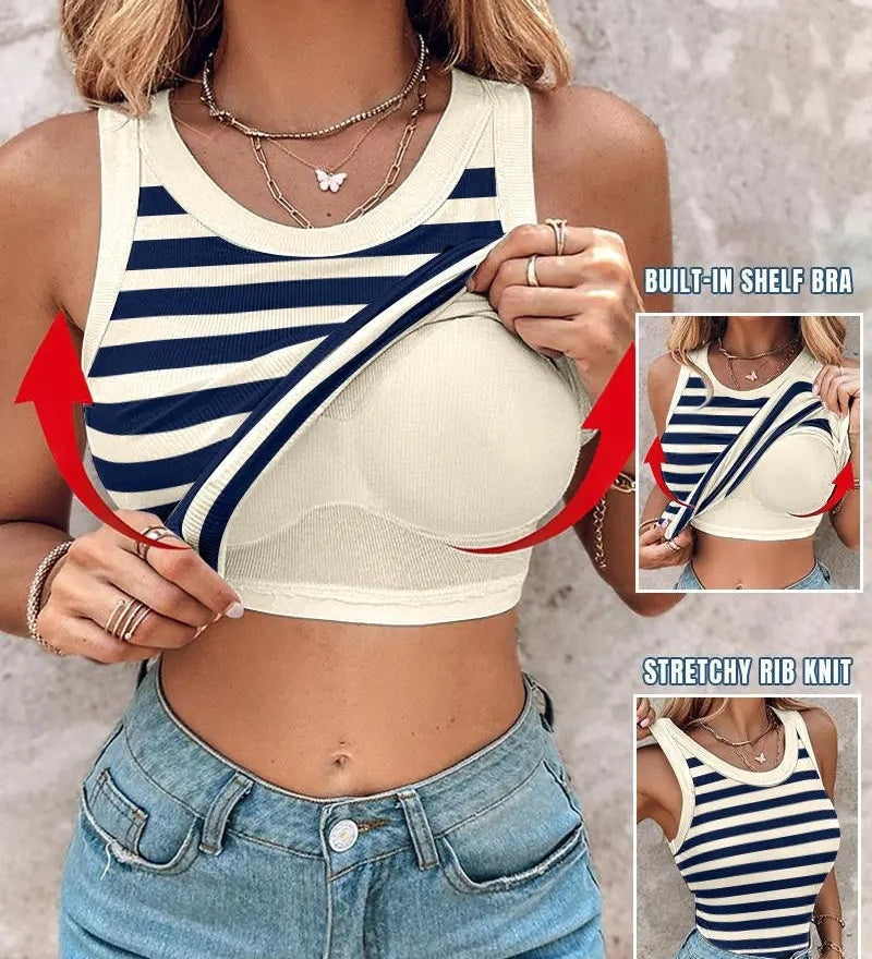Round Neck Ribbed Tank Top Built In with Bra Padded