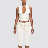Two Piece Denim Set Zip Front Lace Up Sleeveless Top Capri Pants