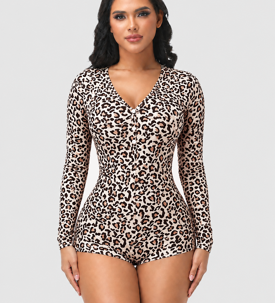 Leopard Print V Neck Front Button Long Sleeve Short Bodysuit