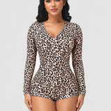 Leopard Print V Neck Front Button Long Sleeve Short Bodysuit