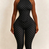 Polka Dot Halter Neck Hourglass Capri Jumpsuit with Detachable Corset Two-Piece Set