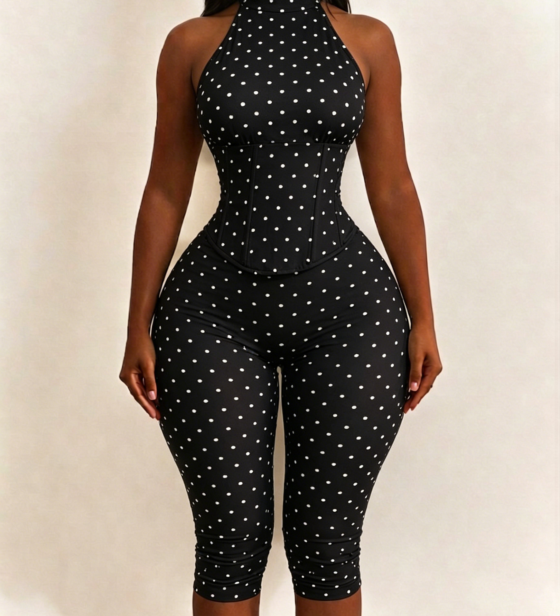 Polka Dot Halter Neck Hourglass Capri Jumpsuit with Detachable Corset Two-Piece Set