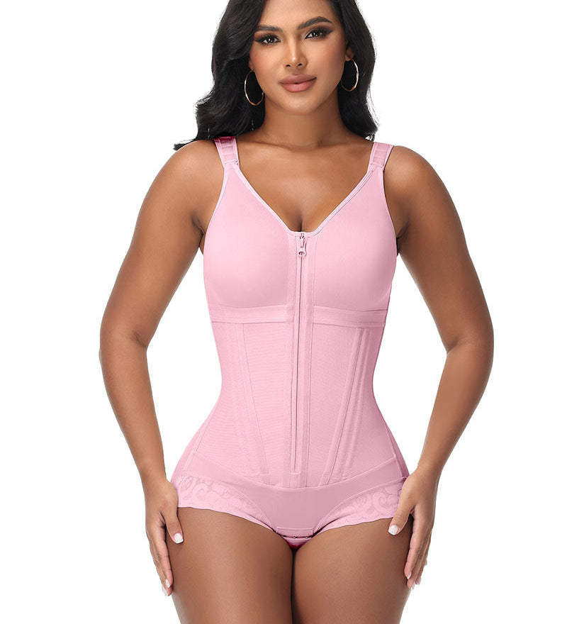 Double-Layer PowerMesh Hourglass Tummy Sculpt Zipper Bodysuit With Bra
