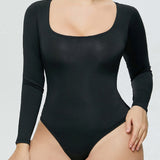 Women's Seamless Square Neck Long Sleeve Bodysuits Sculpting Thong Bottoming Shirt Body Shaper