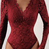 Floral Lace Sheer Long Sleeve Bodysuit V Neck Slim Fit Thong Body Shaper