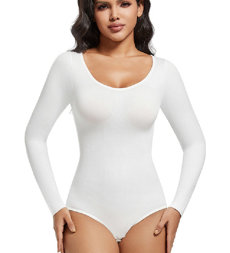 Seamless Crew Neck Long Sleeve Corset Bodysuit Tops Stretch Triangle Jumpsuit