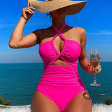 Cross Halter Ruched Front Cutout Backless One Piece Swimsuit