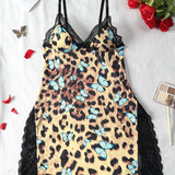 Sexy Lace Trim Slit Lingerie Sleeping Dress Body Shaping Bow Cami Midi Nightgown