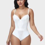 V Neck Lace Thong Bodysuit Adjustable Straps Waist Cinching Shapewear