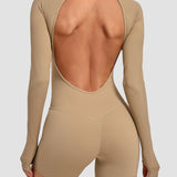 Round Neck Long Sleeve Open Back Tight Fit Workout Romper