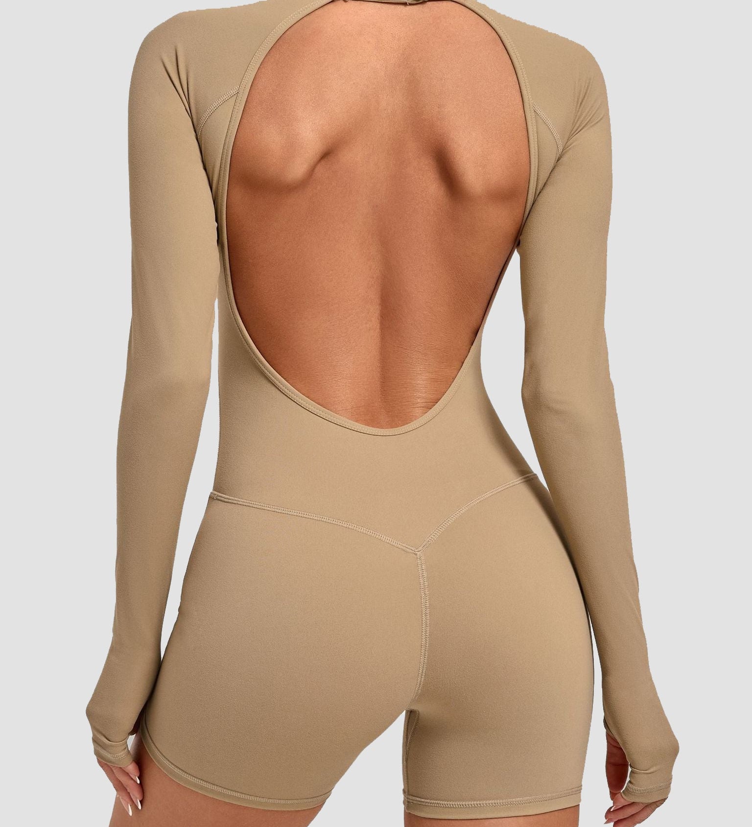Round Neck Long Sleeve Open Back Tight Fit Workout Romper