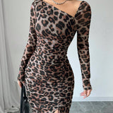 Long Sleeve Leopard Print Maxi Dress Side Ruched Slit Bodycon Dress