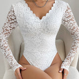 Floral Lace Sheer Long Sleeve Bodysuit V Neck Slim Fit Thong Body Shaper