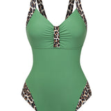 Leopard Patchwork Ruched V Neck Wide Strap One Piece Swimsuit