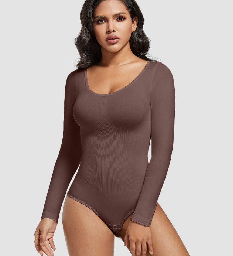 Seamless Crew Neck Long Sleeve Corset Bodysuit Tops Stretch Triangle Jumpsuit