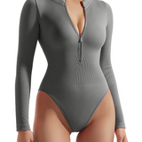 Zipper Front Long Sleeve Sexy Ribbed Triangle Bodysuit