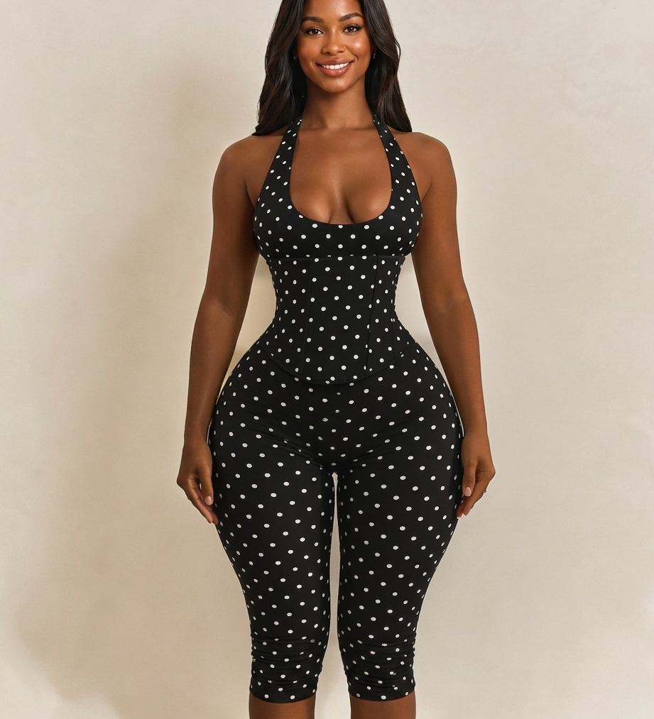 Hourglass Figure Body Shaper Waist Cincher Polka Dot Capri Jumpsuit Two-Piece Set