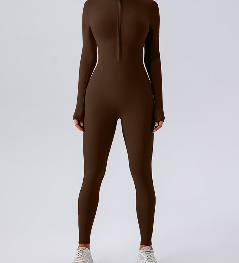 Zip Up Long Sleeve Fleece Skinny Jumpsuit Winter Thermal One-piece Fitness Bodysuit