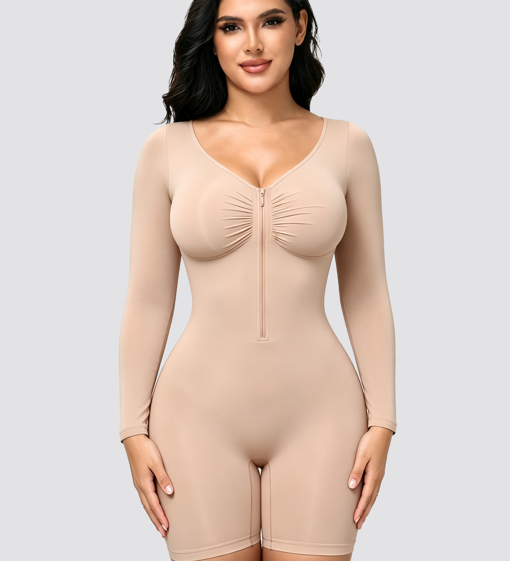 Front Zipper Long Sleeve Mid Thigh Full Body Shapewear Bodysuit