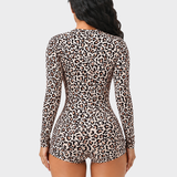 Leopard Print V Neck Front Button Long Sleeve Short Bodysuit