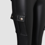 Women's Leather Pants High Waist Cargo Pockets Stretch Leather Leggings