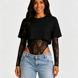 Short Sleeve Crop Top Lace Bodysuit Two Piece Outfit