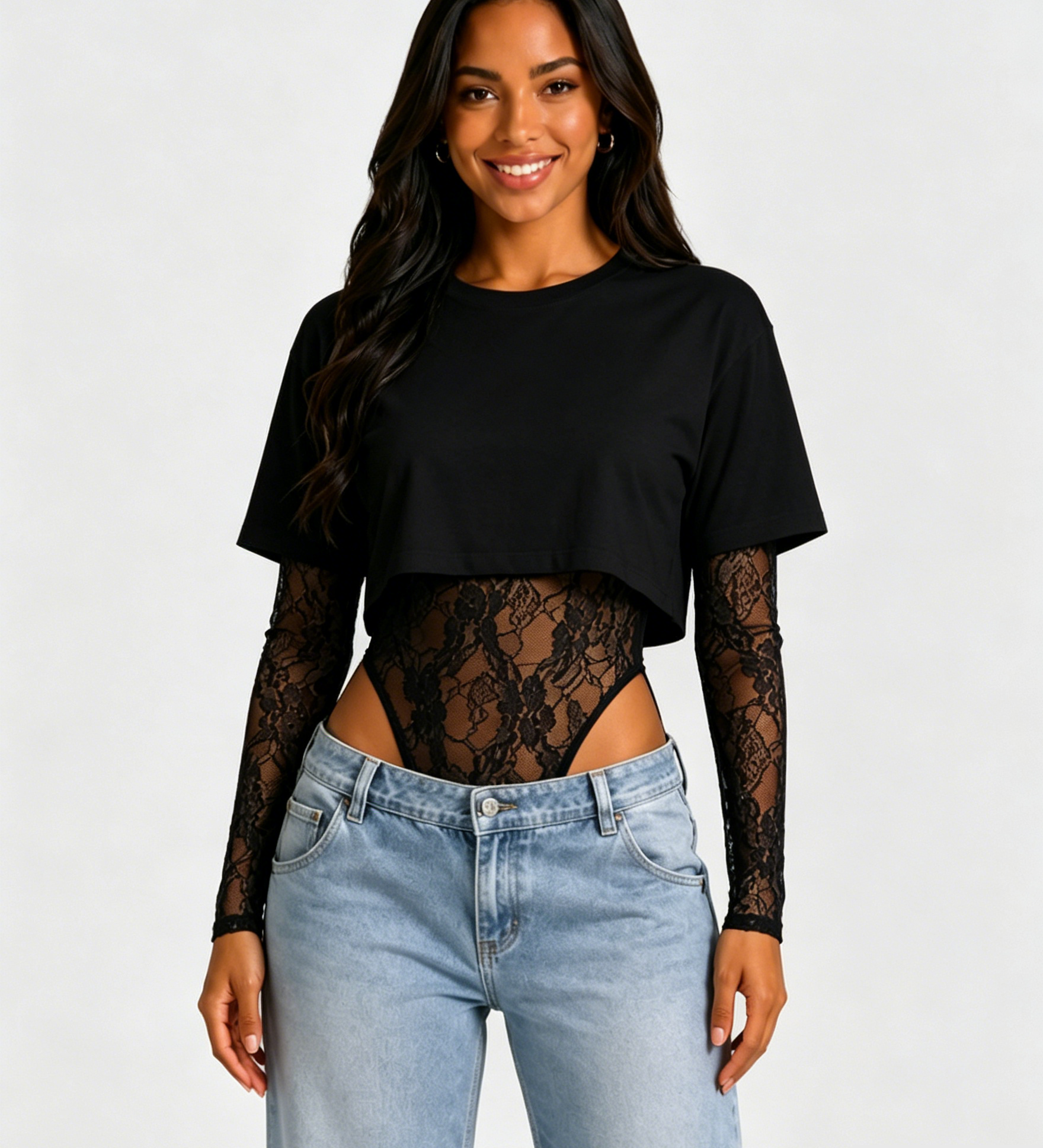 Short Sleeve Crop Top Lace Bodysuit Two Piece Outfit