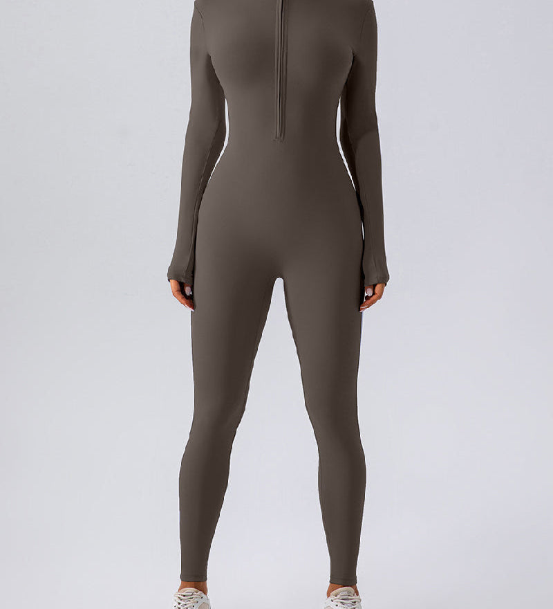 Zip Up Long Sleeve Fleece Skinny Jumpsuit Winter Thermal One-piece Fitness Bodysuit