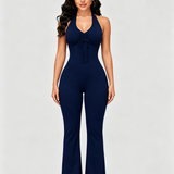 Front Drawstring Halter Mesh Back Flare Leg Jumpsuit
