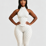 Polka Dot Halter Neck Hourglass Capri Jumpsuit with Detachable Corset Two-Piece Set