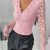 Floral Lace Sheer Long Sleeve Bodysuit V Neck Slim Fit Thong Body Shaper