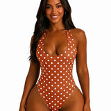 Polka Dot Halter Tie One Piece Swimsuit High Cut Hourglass Bodysuit