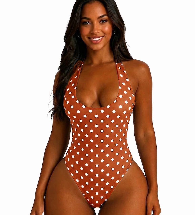 Polka Dot Halter Tie One Piece Swimsuit High Cut Hourglass Bodysuit