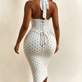 Polka Dot Corset Halter Midi Dress with Lace-Up Back
