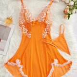 Lace Bowknot Sleeping Dress Thong Set Spaghetti Strap V Neck Lingerie