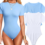 Women Sexy Ribbed Round Neck Short Sleeve Tummy Control Thong Bodysuit