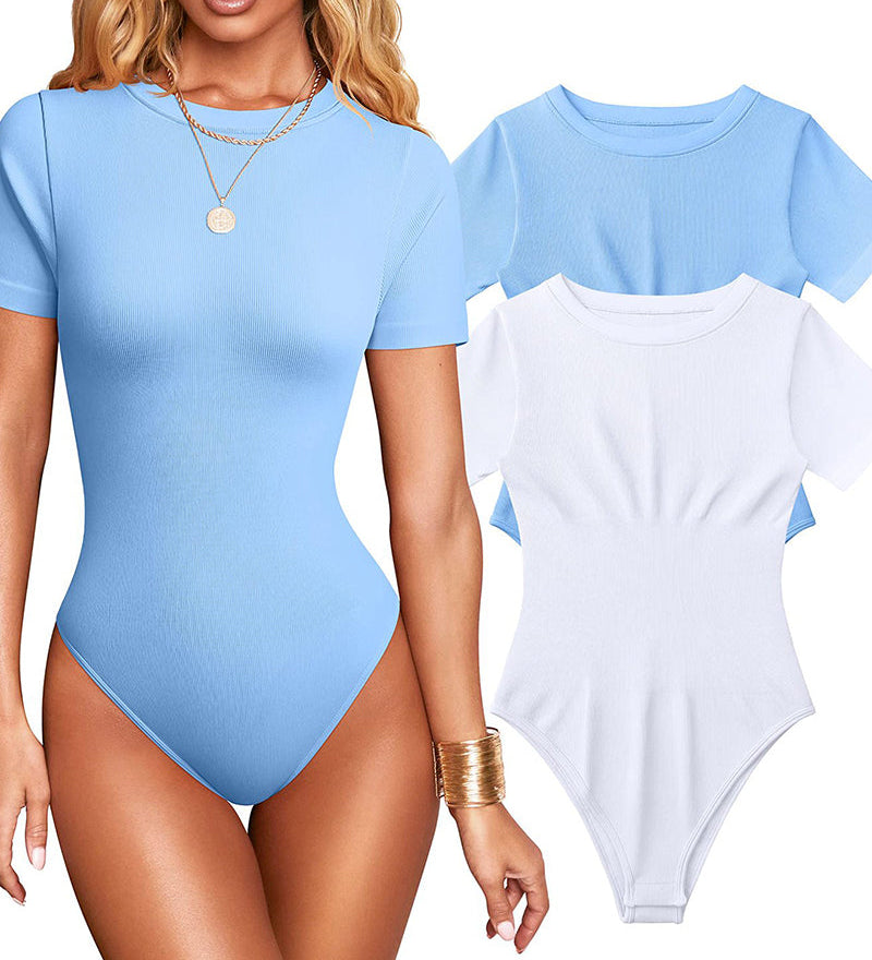 Women Sexy Ribbed Round Neck Short Sleeve Tummy Control Thong Bodysuit