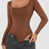 Women's Seamless Square Neck Long Sleeve Bodysuits Sculpting Thong Bottoming Shirt Body Shaper