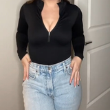 Zipper Front Long Sleeve Sexy Ribbed Triangle Bodysuit