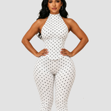 Polka Dot Halter Neck Hourglass Capri Jumpsuit with Detachable Corset Two-Piece Set