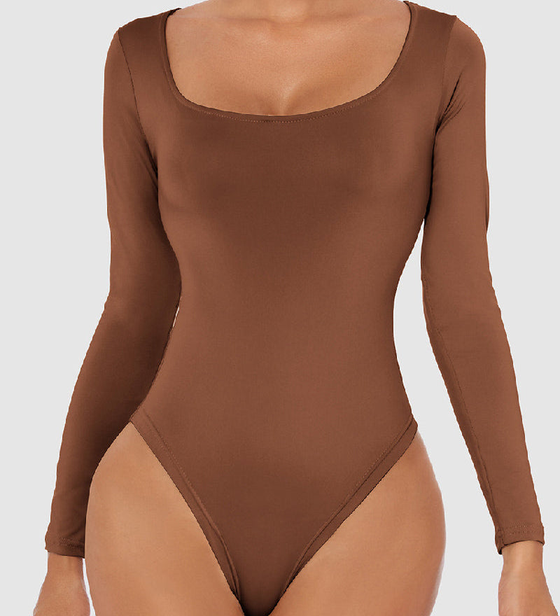 Women's Seamless Square Neck Long Sleeve Bodysuits Sculpting Thong Bottoming Shirt Body Shaper