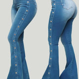 Women's Zipper Fly Side Buttons Vintage Mopping Flared Jeans