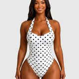 Polka Dot Halter Sweetheart Neck Ruched Back Bow Tie High Leg One-piece Swimsuit