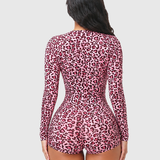 Leopard Print V Neck Front Button Long Sleeve Short Bodysuit