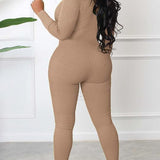 Women's Sexy Ribbed Long Sleeve Zipper Jumpsuits Casual Solid Bodycon Rompers
