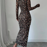 Long Sleeve Leopard Print Maxi Dress Side Ruched Slit Bodycon Dress