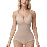 Seamless V Neck Adjustable Crisscross Back Lace Trim Hourglass Butt Lifting Bodysuit