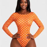 Polka Dot Scoop Neck Long Sleeve Bodysuit Detachable Corset Two Piece Set
